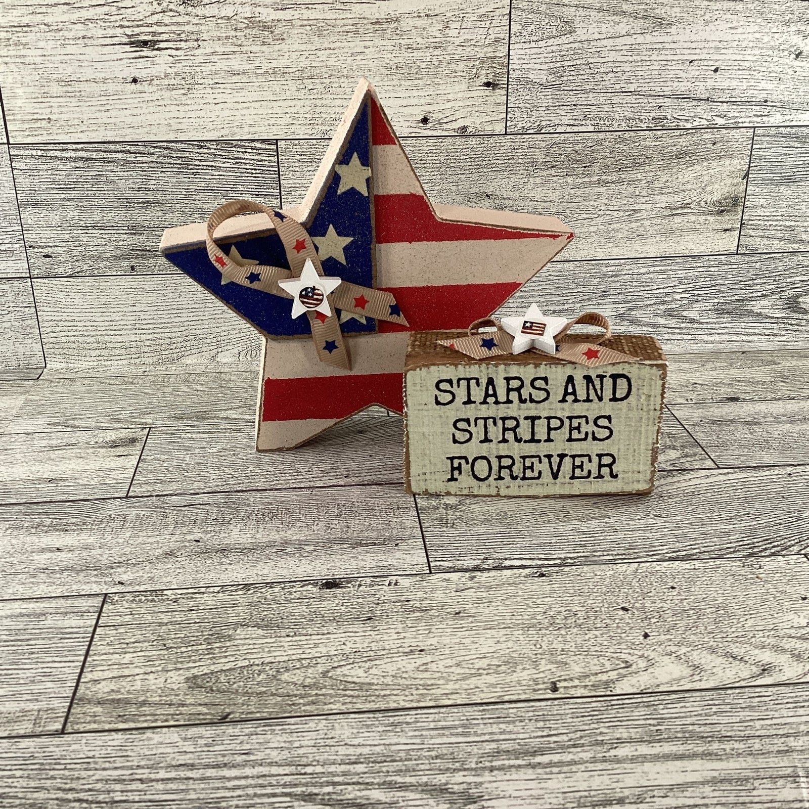 AGD Patriotic Decor - Stars Stripes Block Sign Chunky Wood Star Sitters 2pc Set