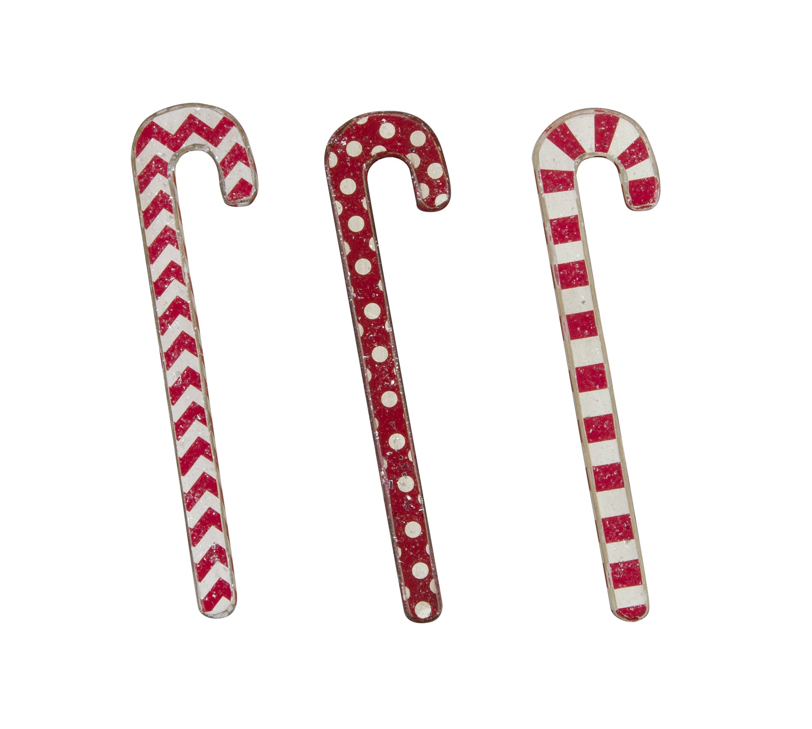Christmas Decor - Red White Wood Candy Cane Ornaments 3pc Set