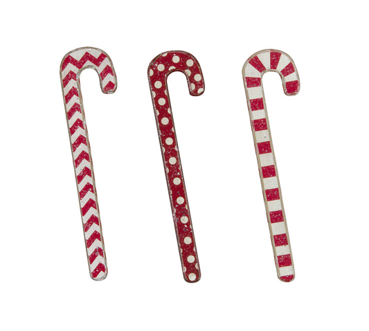 Christmas Decor - Red White Wood Candy Cane Ornaments 3pc Set