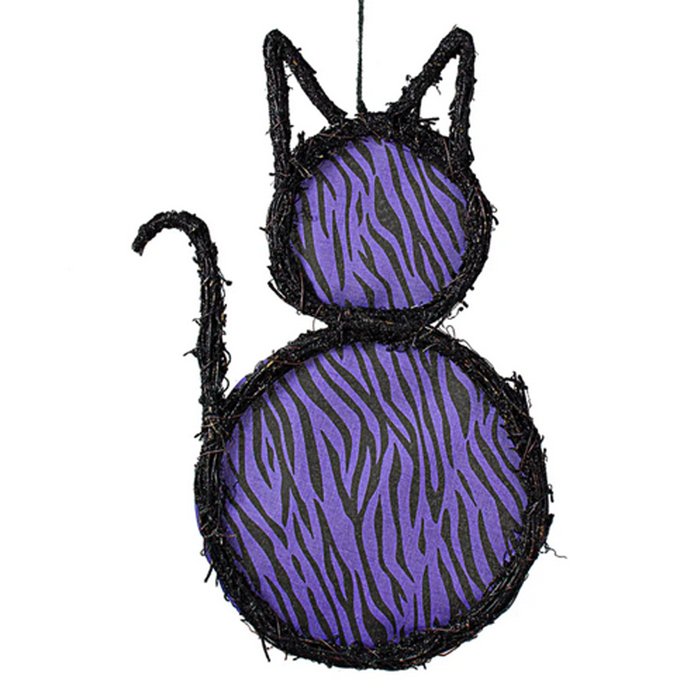 CO Halloween Decor - Purple Fabric Black Grapevine Cat Door Wreath