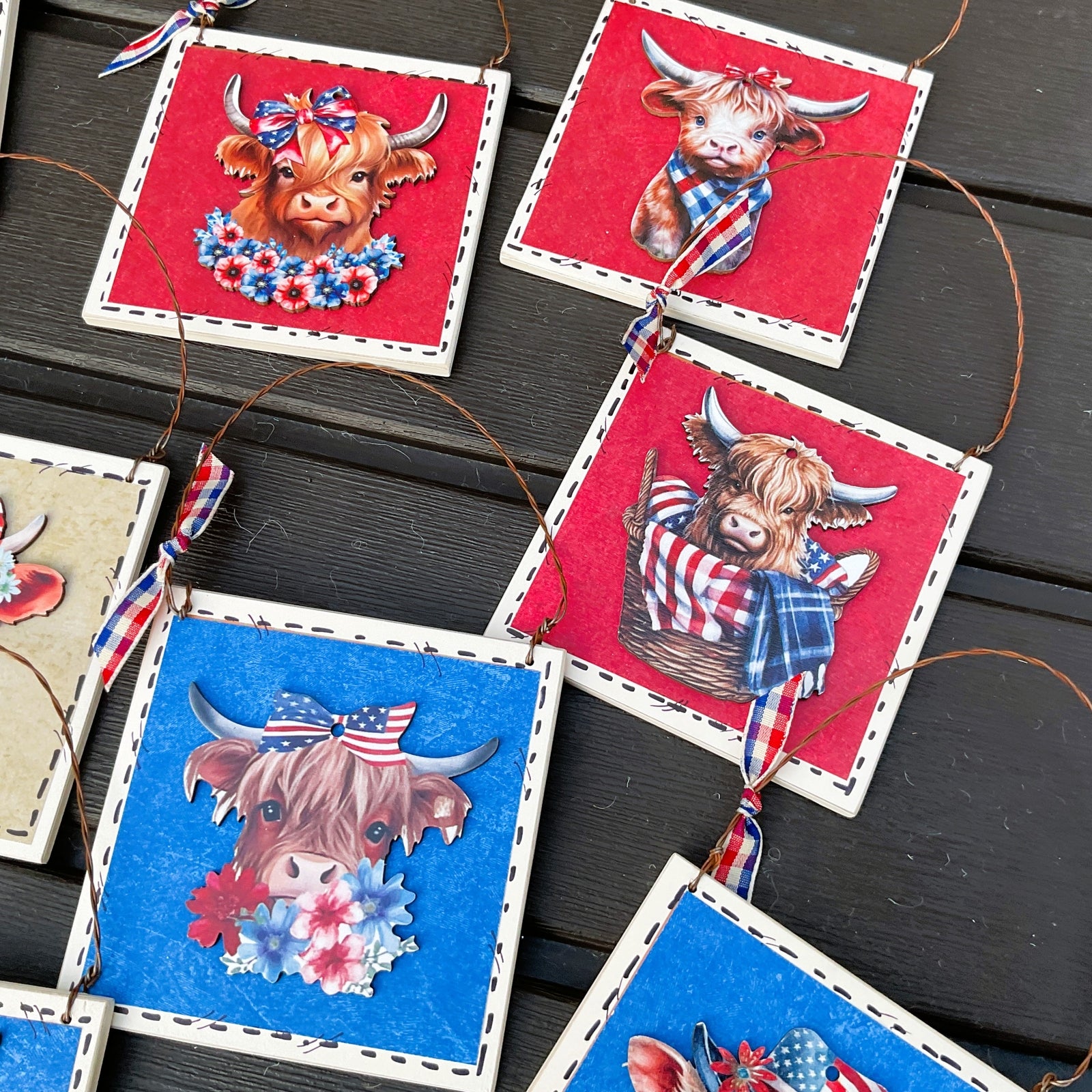 AGD Patriotic Decor - July 4th Highland Cow Metal Star Ornaments 9pc Set