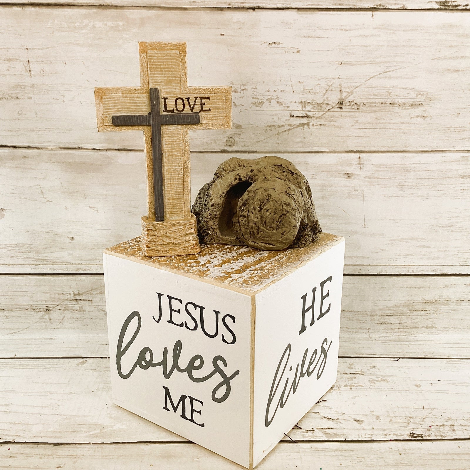 Easter Decor - Resurrection He Lives Risen Love Cross Tomb 3pc Set