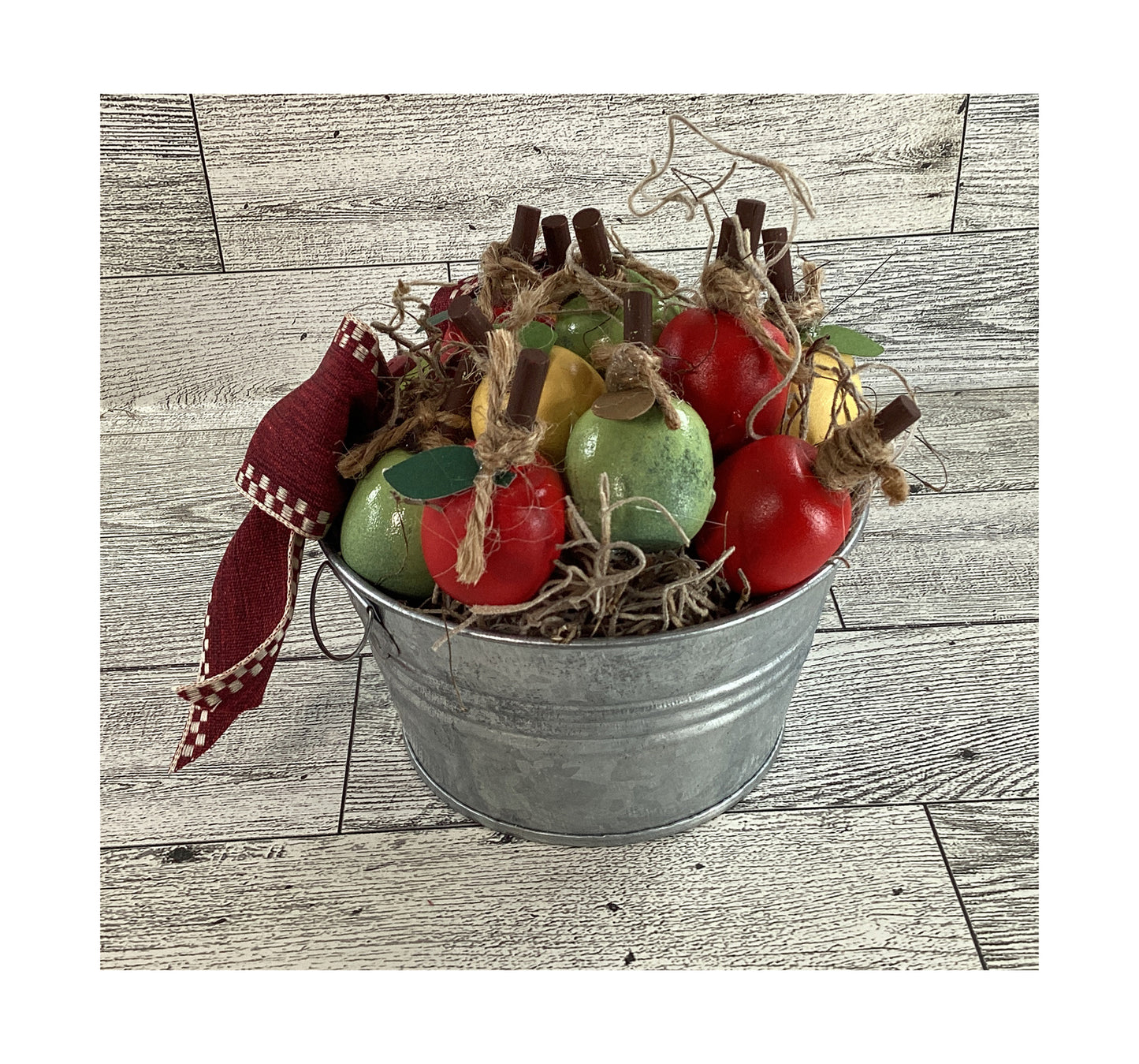 AGD Fall Decor - Chunky Wood Apple Sitter and Metal Tub 2pc Set