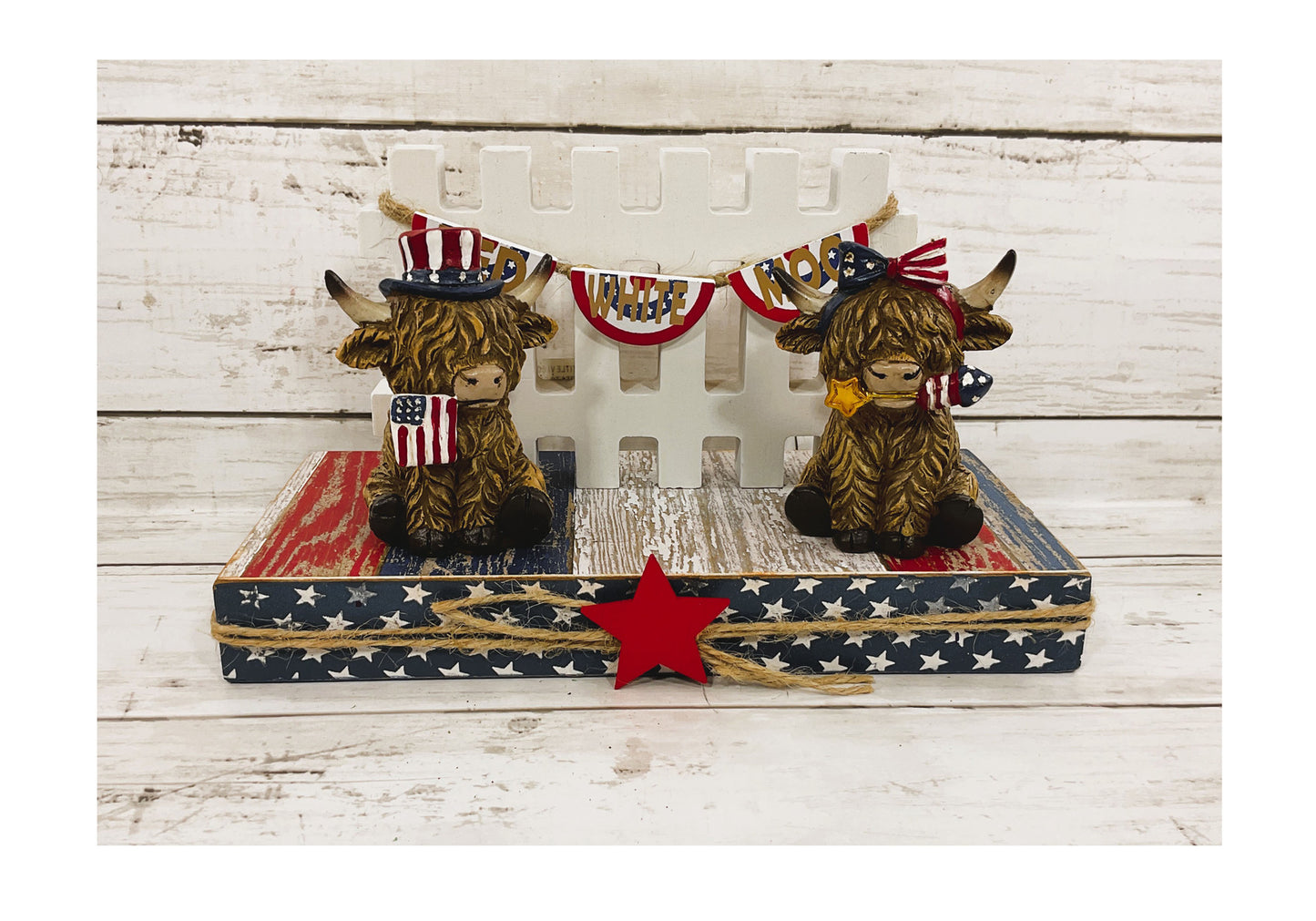 AGD Patriotic Decor - Red White Moo Highland Cows Fence Banner Stand