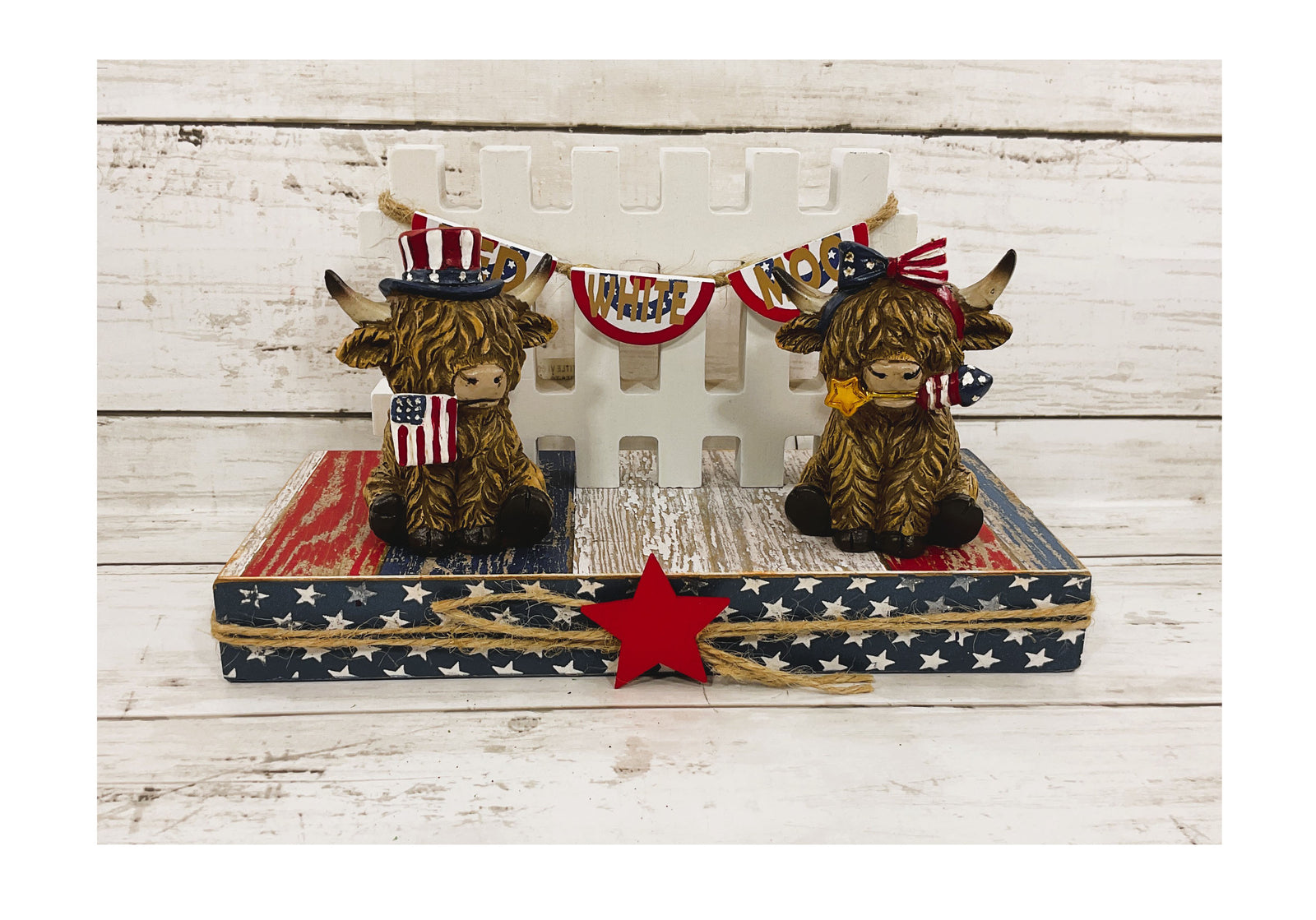 AGD Patriotic Decor - Red White Moo Highland Cows Fence Banner Stand