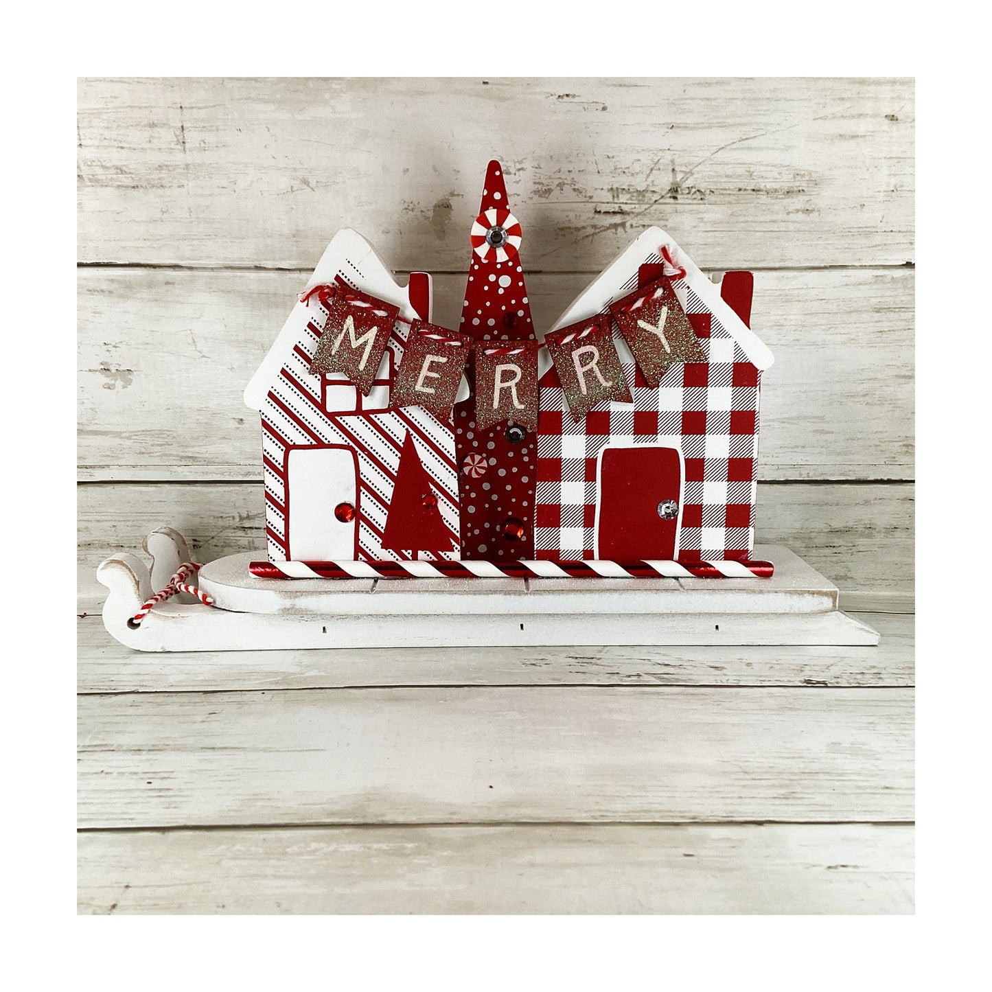 AGD Christmas Decor - Red White Peppermint House Tree Merry Sled