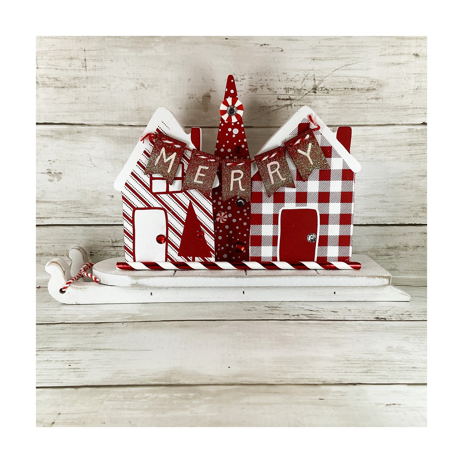 AGD Christmas Decor - Red White Peppermint House Tree Merry Sled