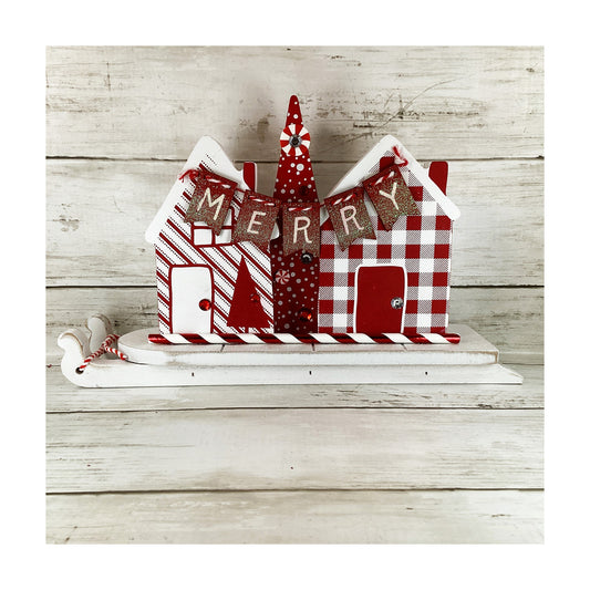 AGD Christmas Decor - Red White Peppermint House Tree Merry Sled