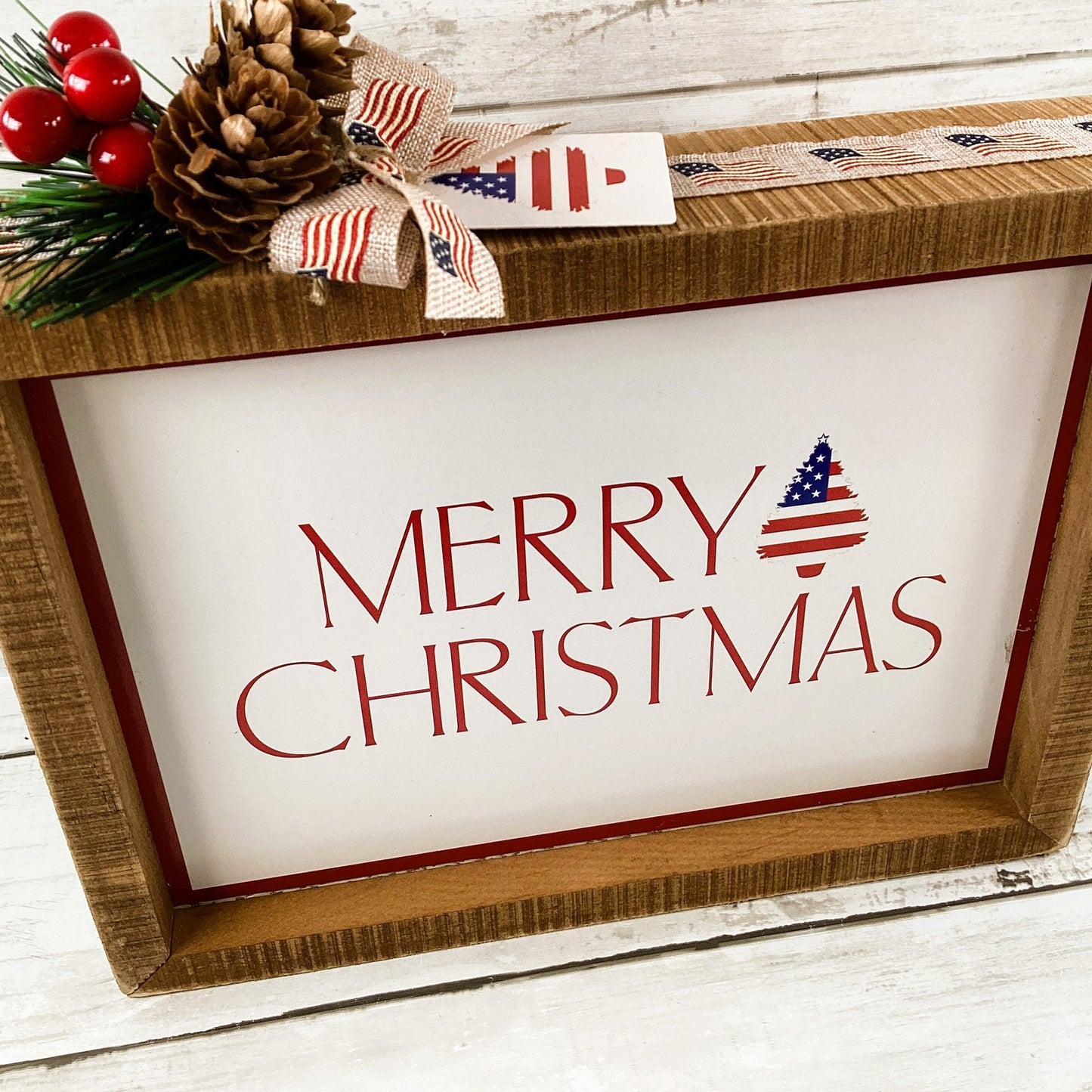 AGD Christmas Decor - American Patriotic Red White Blue Theme Inset Box Sign
