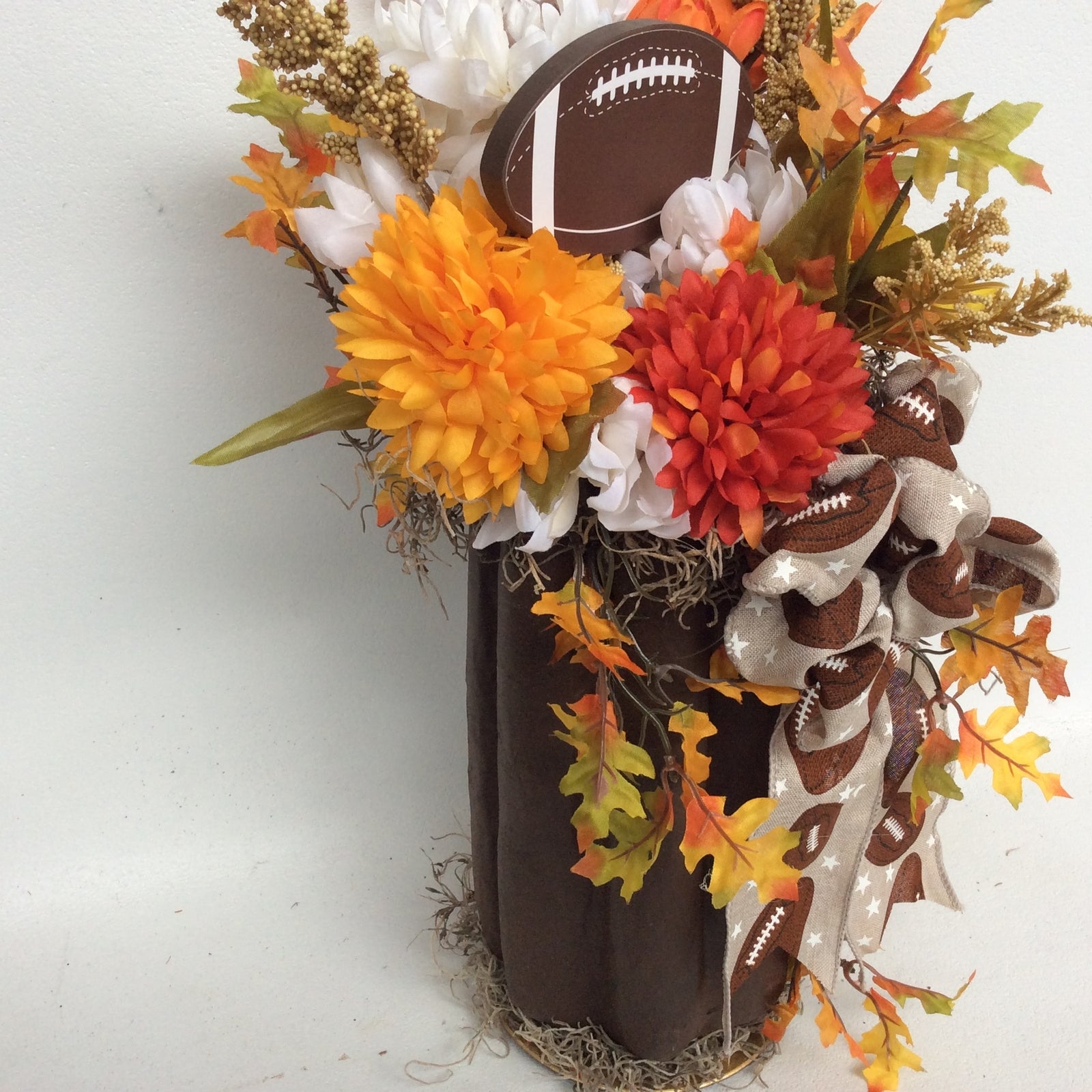 AGD Fall Decor - Football Mums Pumpkin Filled Artificial Floral Display