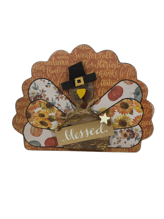 AGD Fall Decor - Reversible Blessed Chunky Wood Turkey Sign