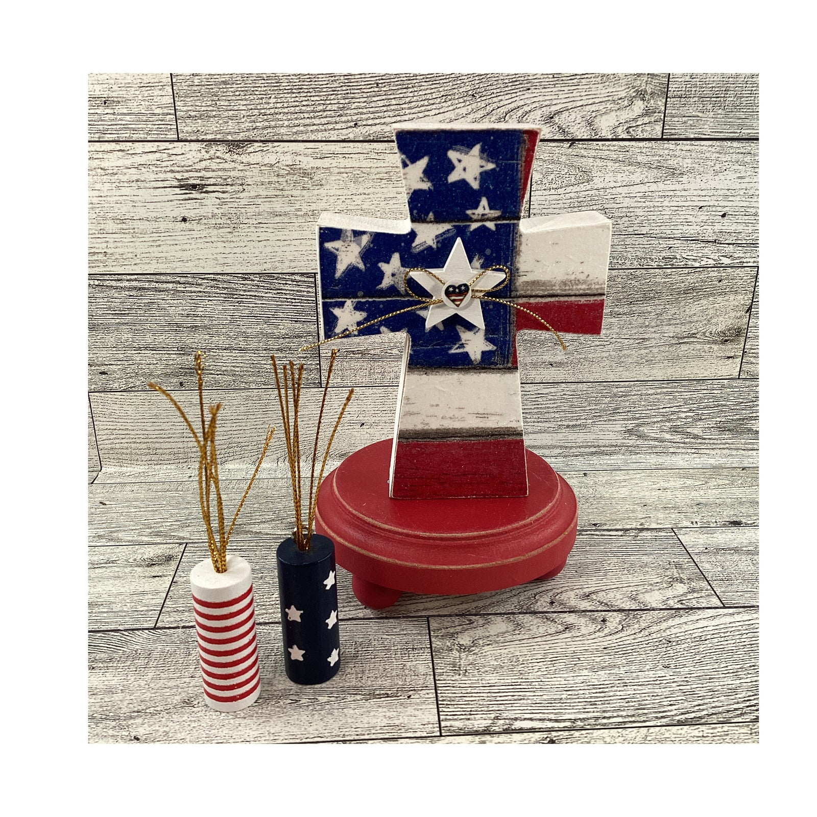 AGD Patriotic Decor - American Flag Decoupage Cross Pedestal Display