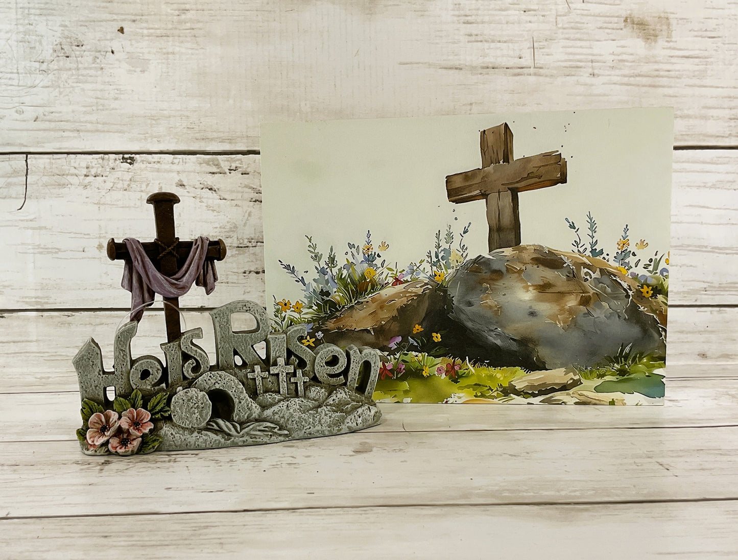 HL Easter Decor -  Watercolor Tomb Picture He Is Risen Figurine 2pc