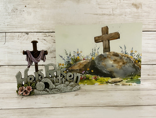 HL Easter Decor -  Watercolor Tomb Picture He Is Risen Figurine 2pc