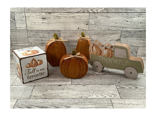 AGD Fall Decor - Resin Pumpkin Wood Thankful Truck Cube Sign Tier Tray 5pc