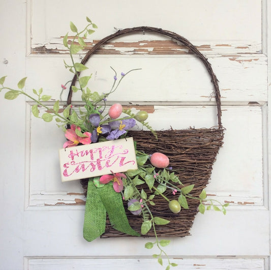 AGD Spring Easter Decor – Happy Easter Pink Glitter Grapevine Basket Wreath