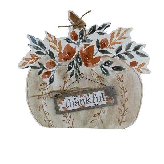 AGD Fall Decor - Thankful Water Color Floral Pumpkin Easel Back Sign