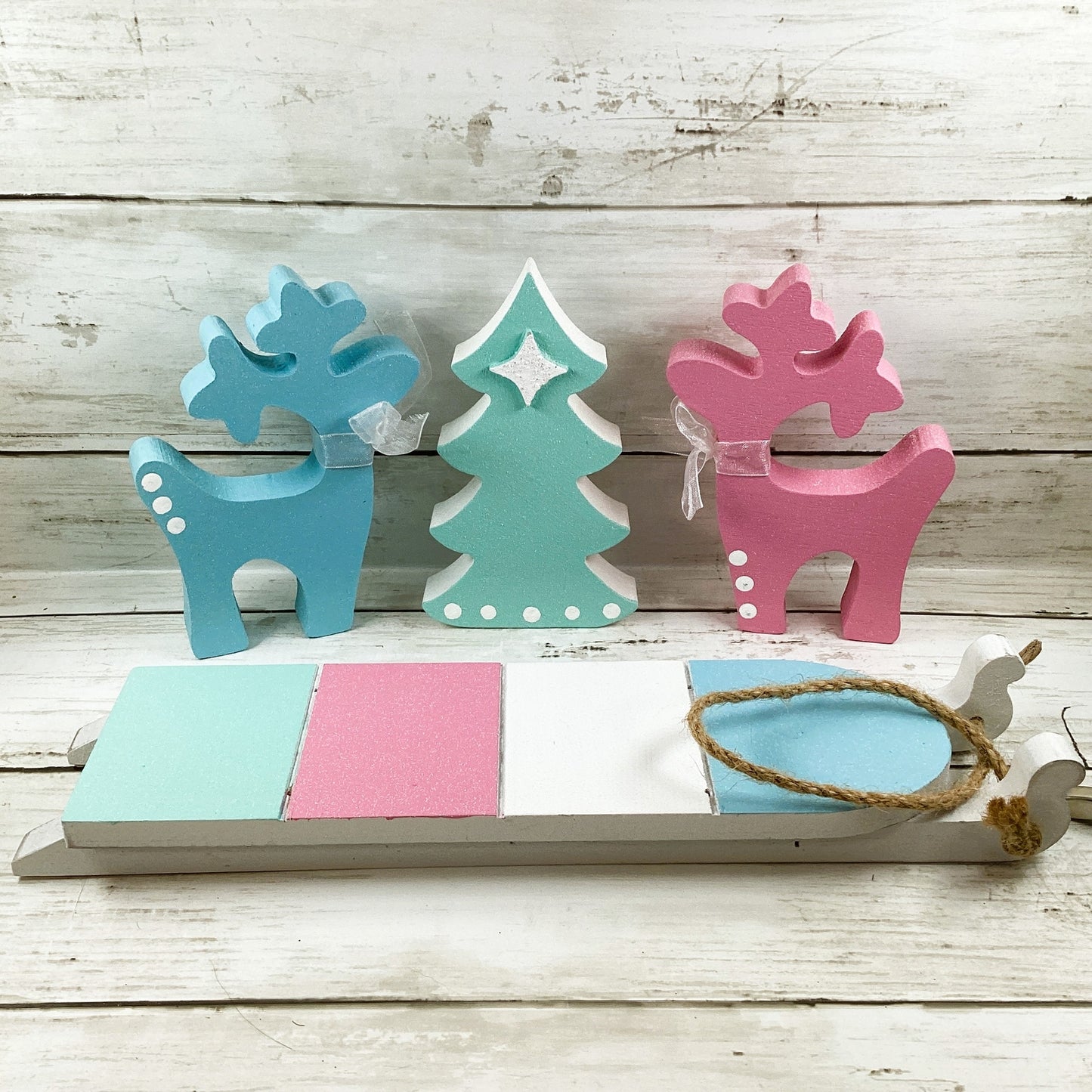 AGD Christmas Decor - Pastel Mid Century Sled Reindeer Tier Tray 4pc Set