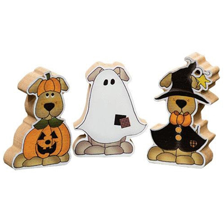 CWI Halloween Decor - Chunky Puppy Dogs in Costume Wood Sitters 3pc Set