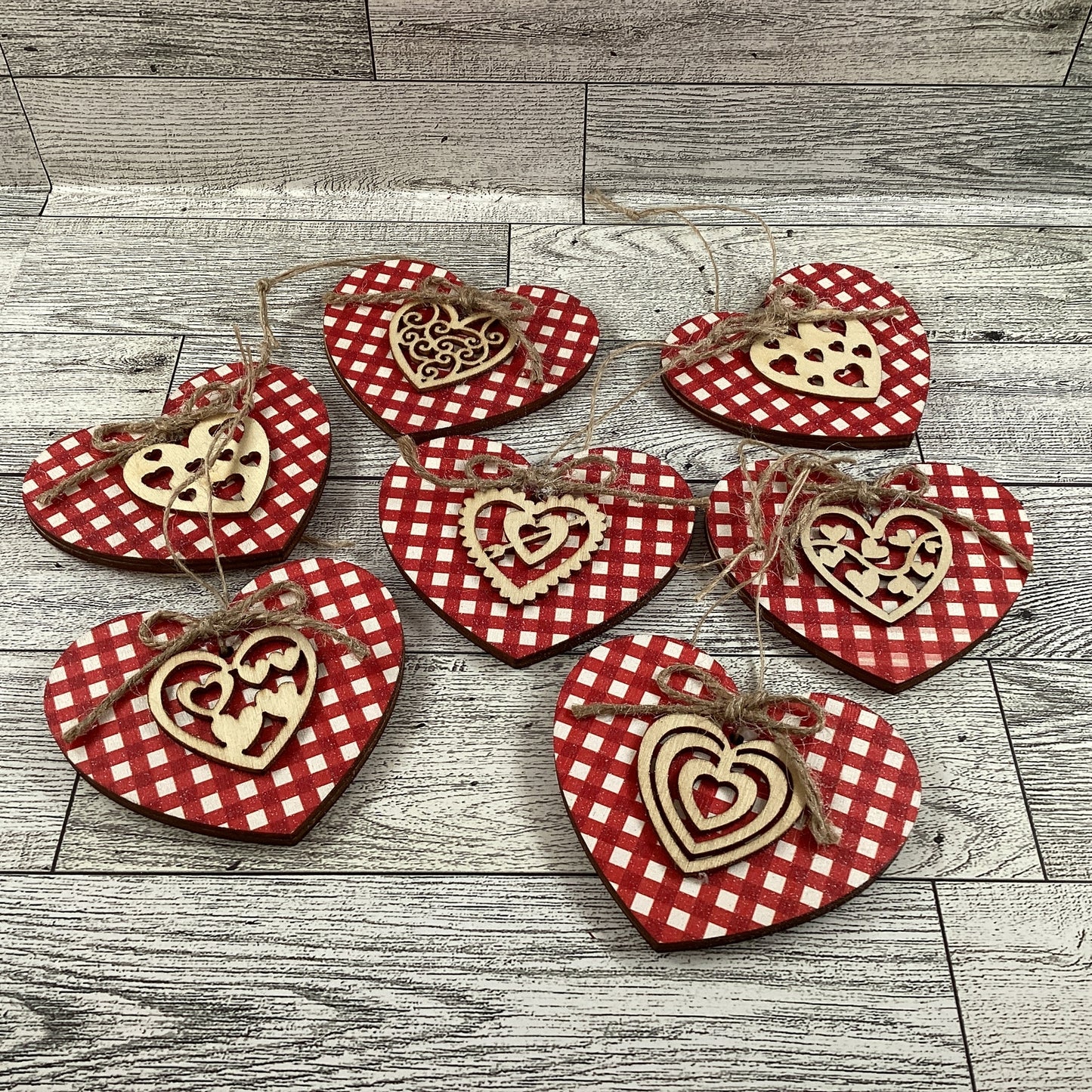AGD Valentines Decor - Pink Red White Plaid Layer Wood Ornaments 7pc