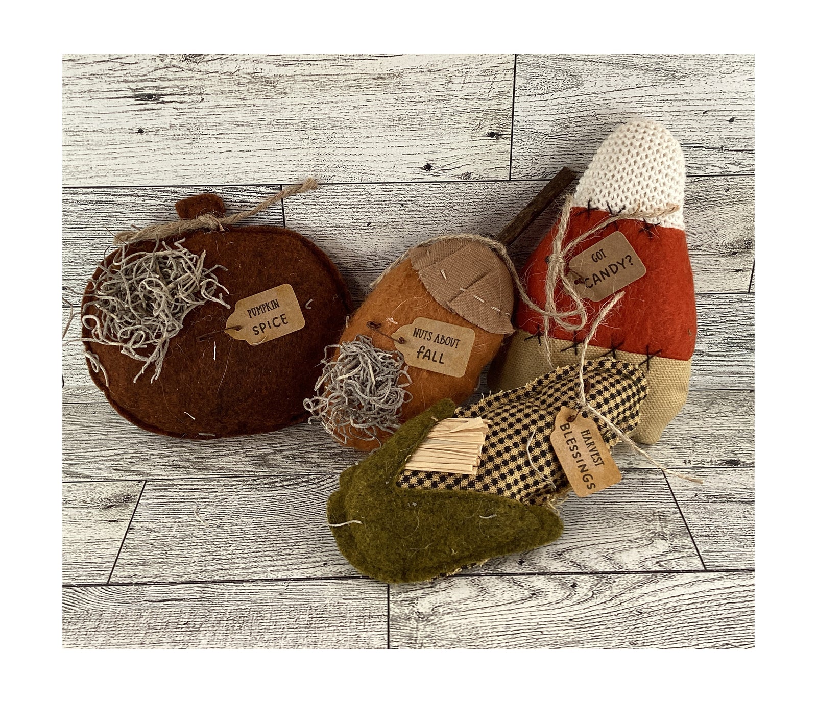 AGD Fall Decor - Prim Candy Corn Husk Acorn Pumpkin Fabric Bowl Filler 4pc