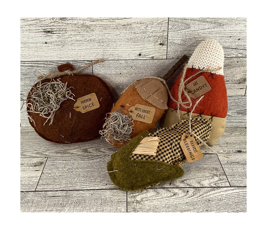 AGD Fall Decor - Prim Candy Corn Husk Acorn Pumpkin Fabric Bowl Filler 4pc