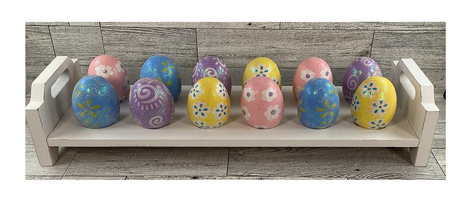 AGD Easter Decor - Spring Theme Wood Eggs with White 12-Egg Holder Stand