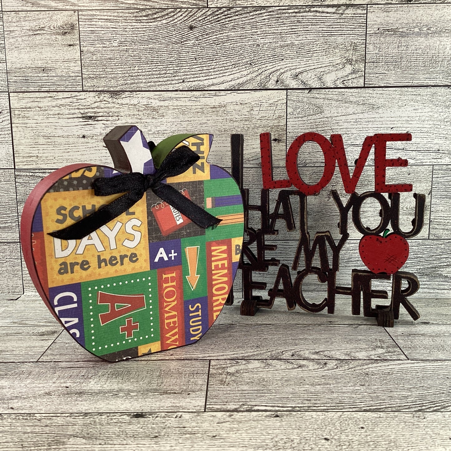 AGD Teacher Gift Decor - Love My Teacher Sign Chunky Wood Apple 2pc Set