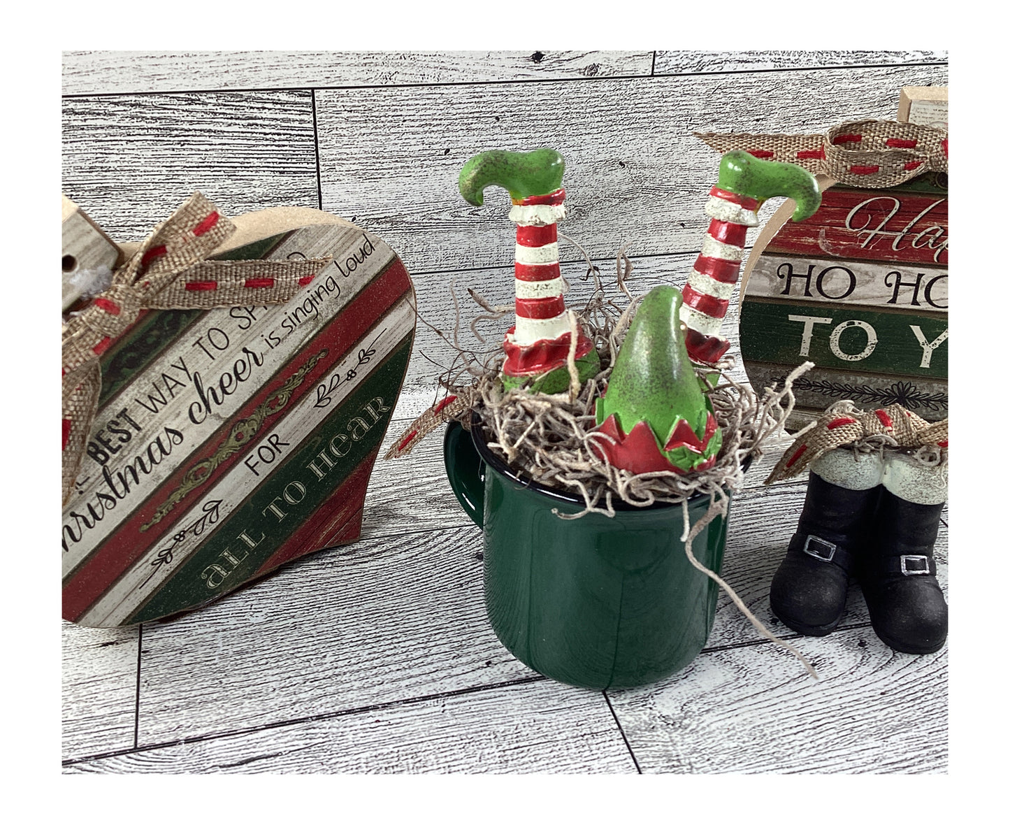 AGD Christmas Decor - Elf  Santa Boots Prim Bulbs Ornaments Tier Tray 4pc Set