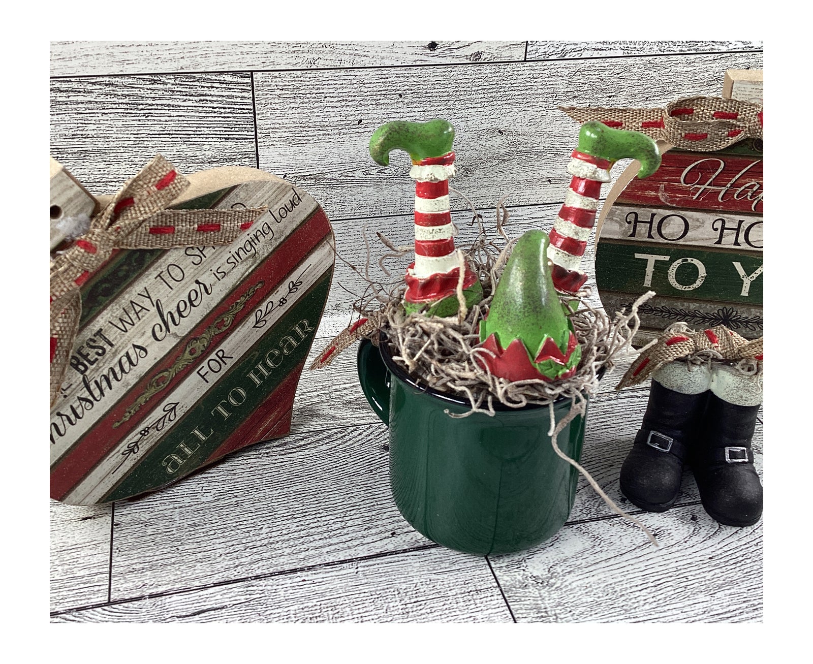 AGD Christmas Decor - Elf  Santa Boots Prim Bulbs Ornaments Tier Tray 4pc Set