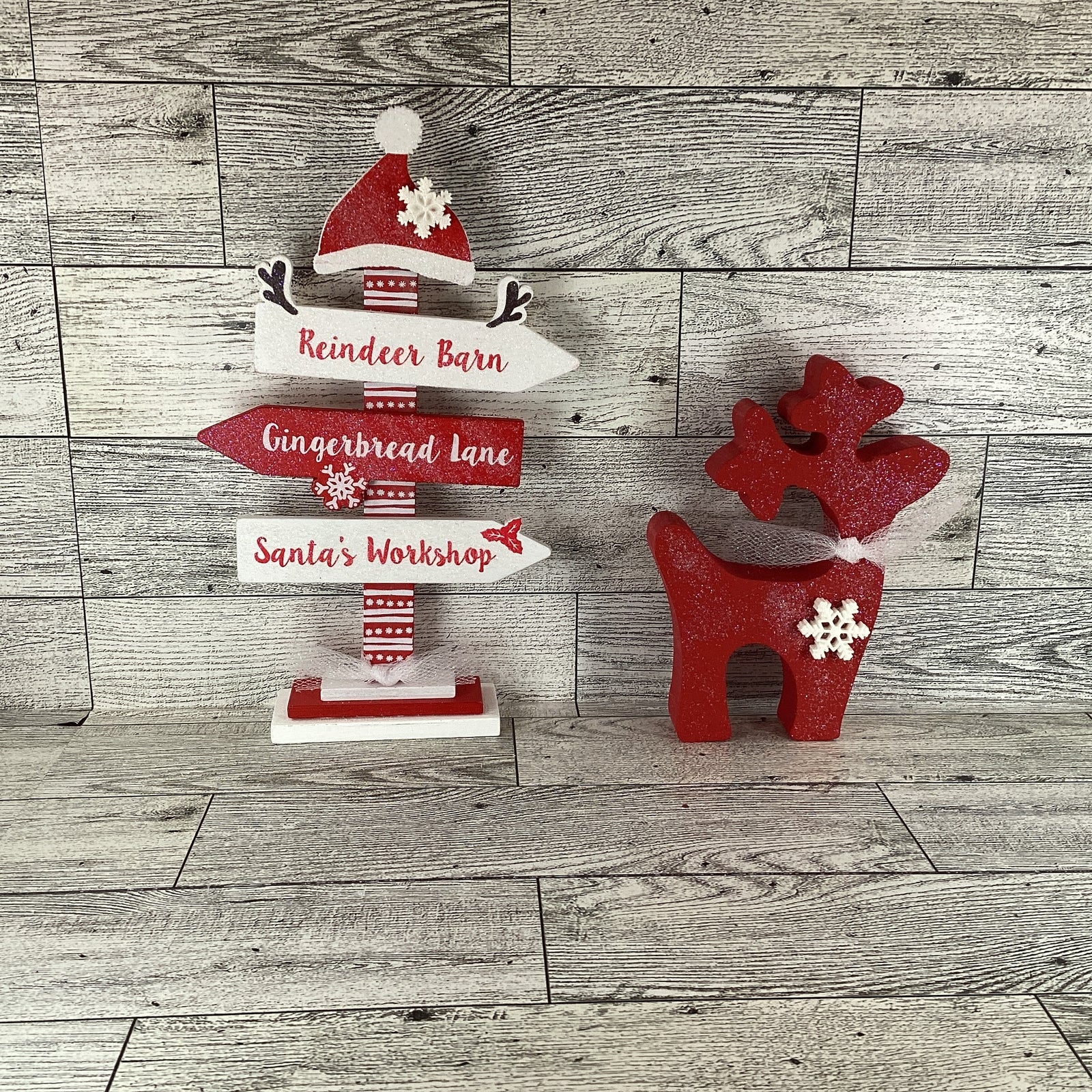 AGD Christmas Decor - Whimsy Red White Reindeer Directional Sign 2pc Set