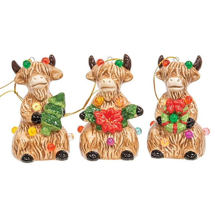 CWI Christmas Decor - Ceramic Lighted Highland Cow Figurines 3pc Set