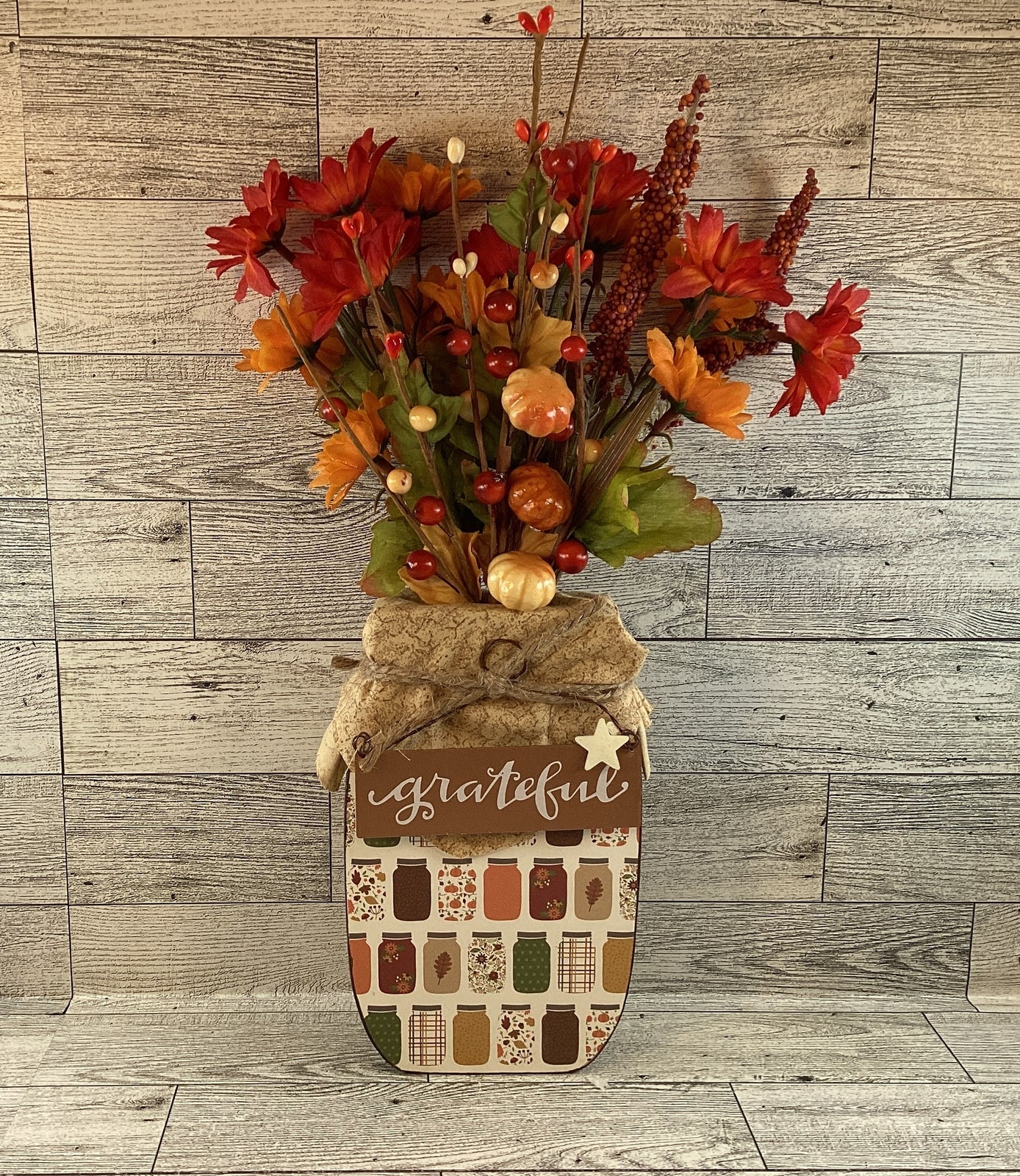 AGD Fall Decor - Autumn Grateful Thankful Floral Wood Mason Jar Display