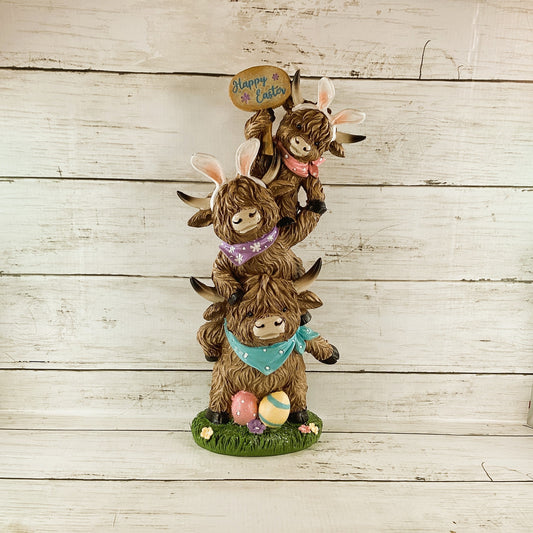 Gerson Easter Decor - Stacking Bunny Highland Cow Figurine 12.8-inch Tall