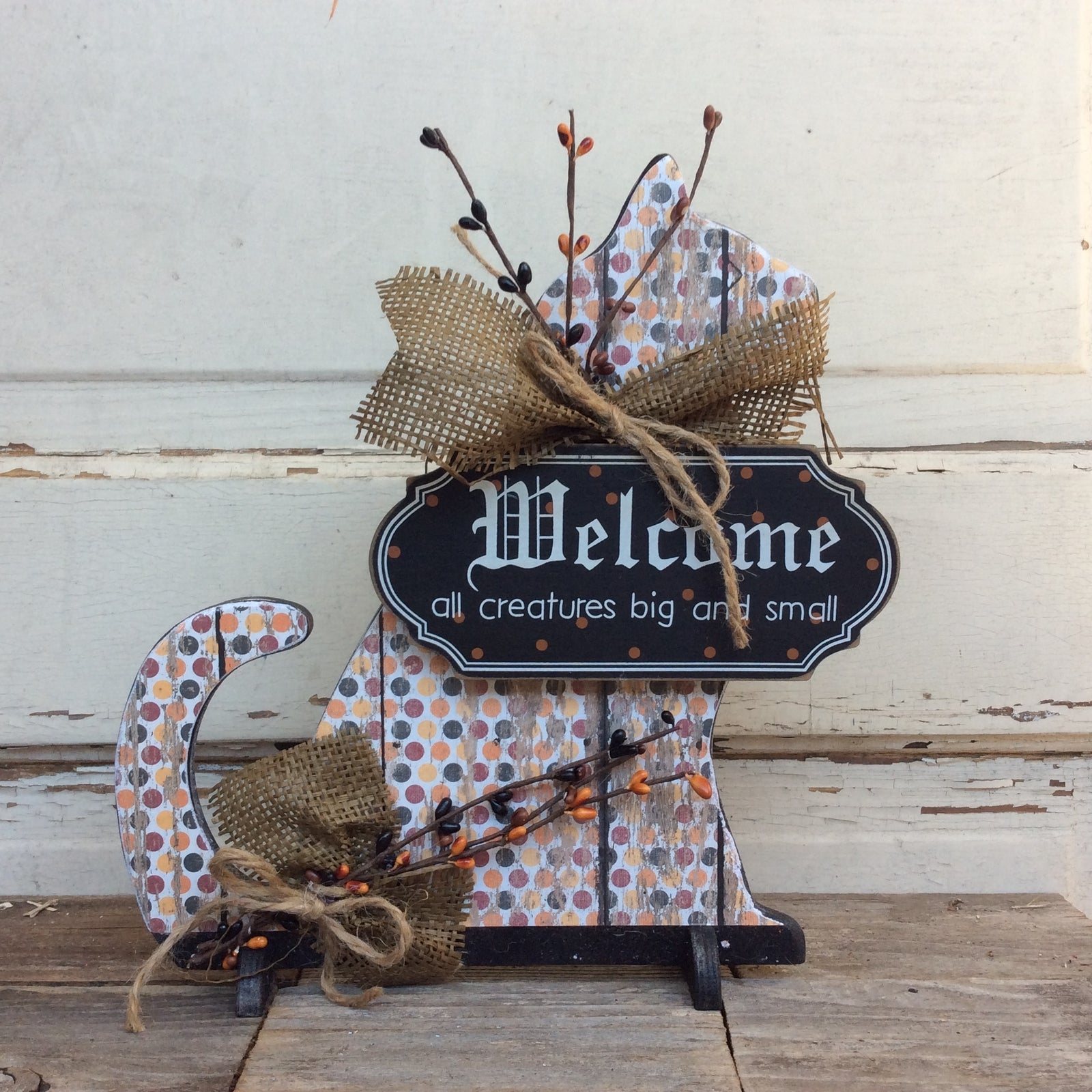 AGD Halloween Decor - Welcome All Creatures Cat Wood Decor