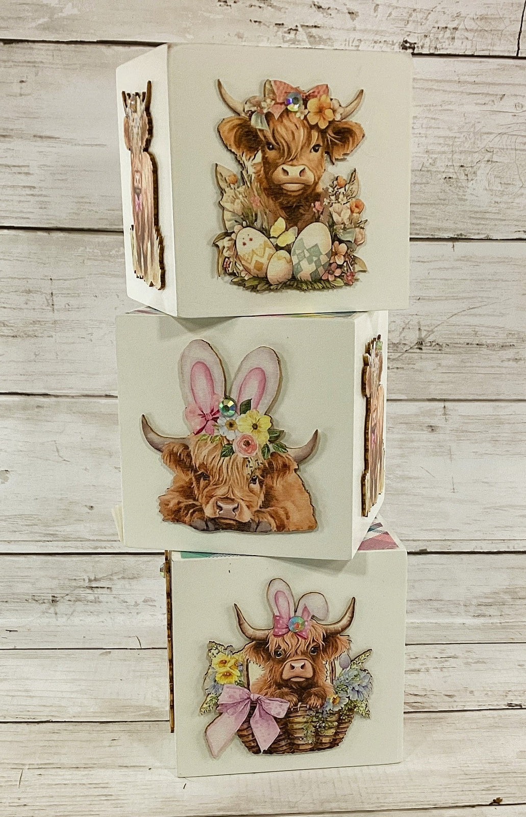 AGD Spring Decor - Floral Flower Highland Cow Chunky Block Signs 3pc
