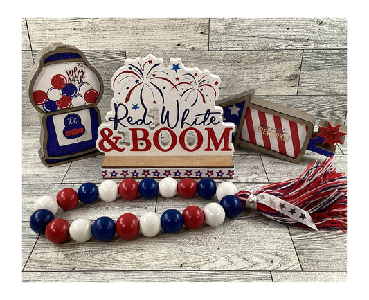 AGD Patriotic Decor - Gumball Firecracker Boom Sign Garland Tier Tray 4pc