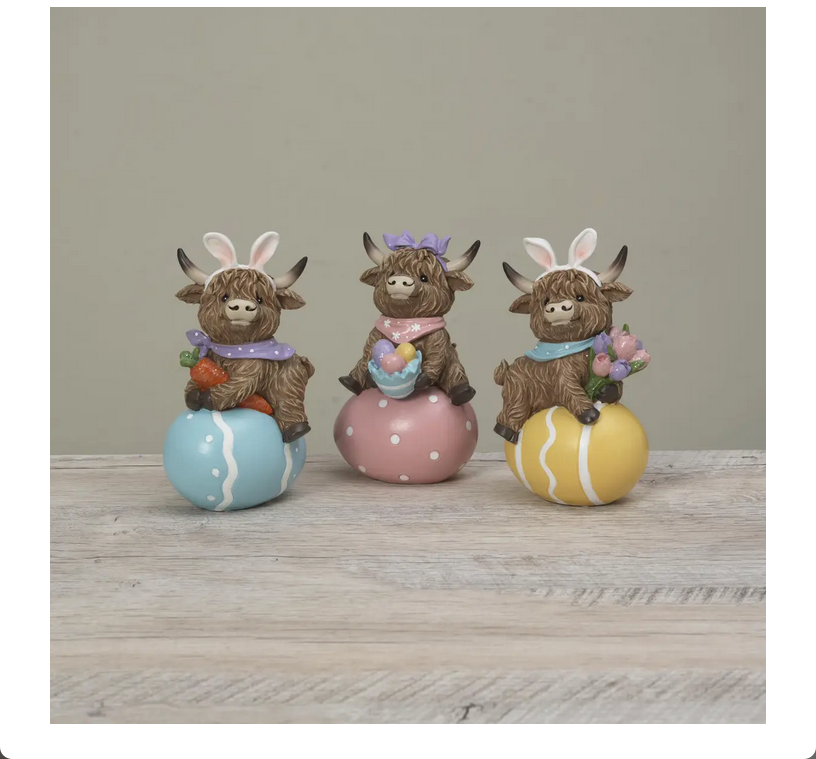 Gerson Easter Decor - Resin Highland Cow on Eggs Figurine 3pc