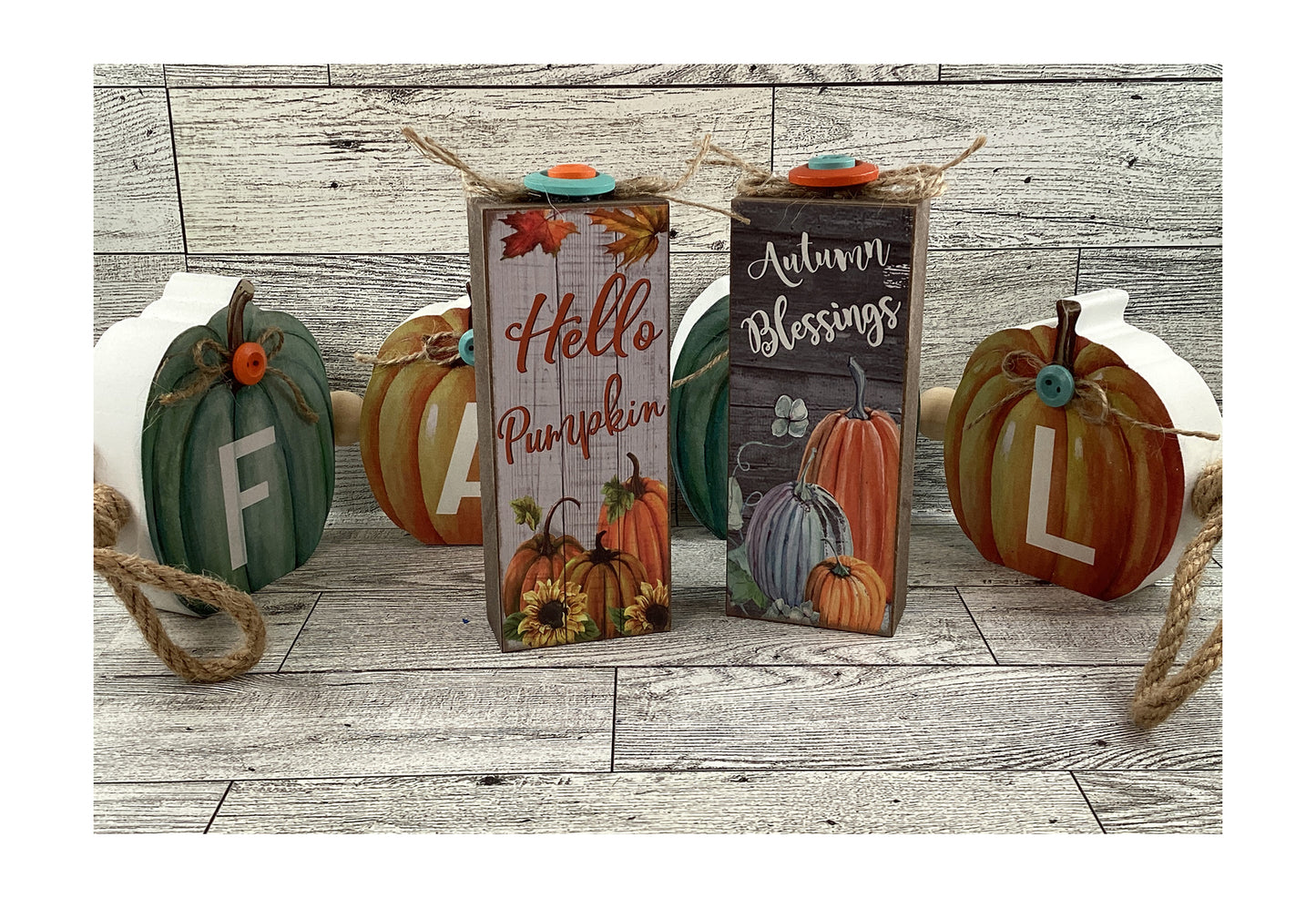 AGD Fall Decor - Chunky Wood Fall Pumpkins Hello Autumn 3pc