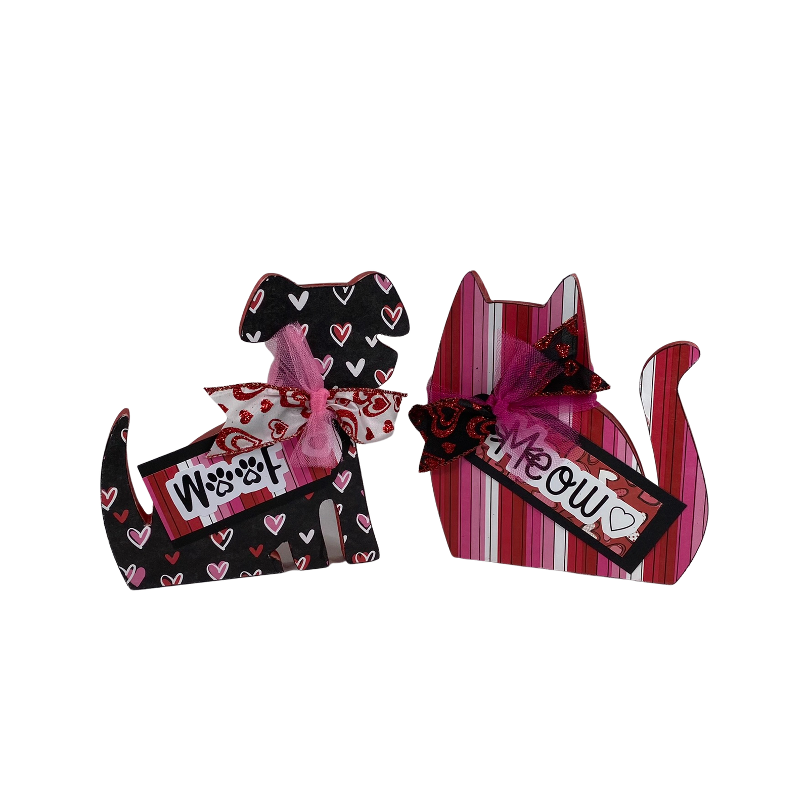 AGD Valentines Decor - Red Pink White Black Meow Cat Woof Dog 2pc Set