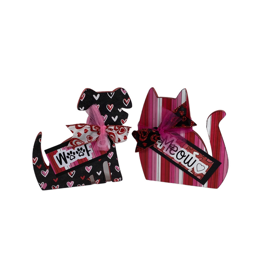 AGD Valentines Decor - Red Pink White Black Meow Cat Woof Dog 2pc Set