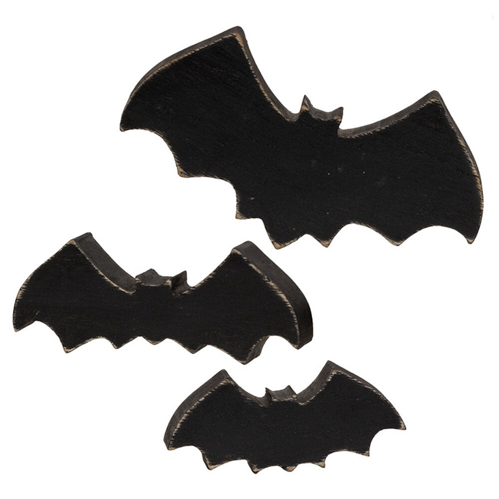 CWI Halloween Decor - Chunky Wood Silhouette Black Bats 3pc Set