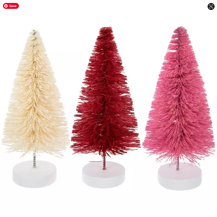 HL Valentines Decor - Muted Red Pink Cream Sisal Bottlebrush Trees 3pc