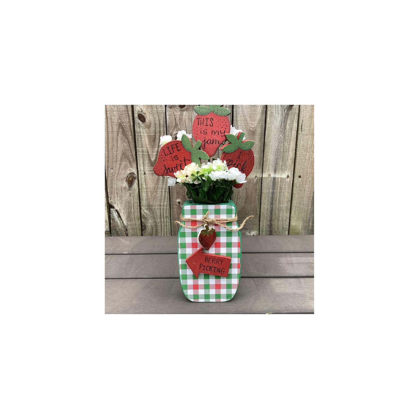 AGD Spring Decor - Summer Strawberry Theme Floral Wood Mason Jar Display