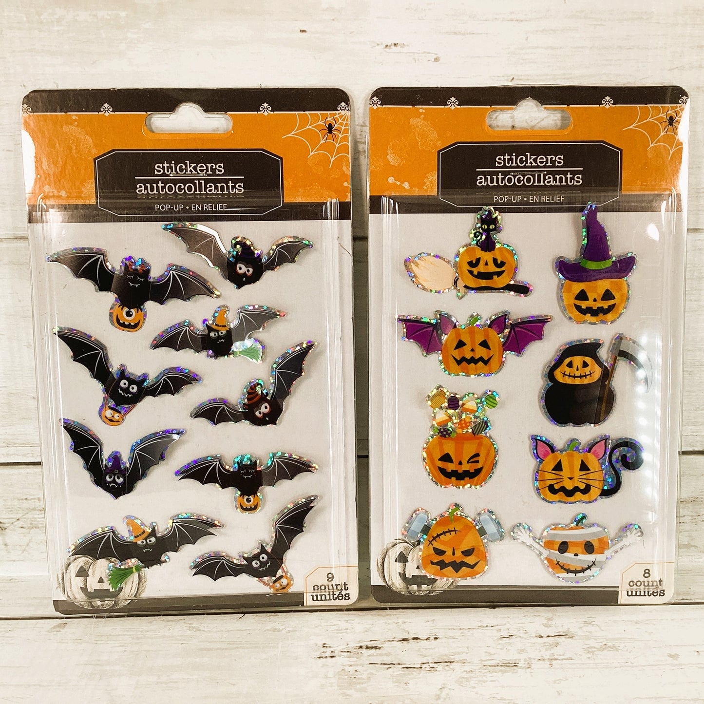 DT Halloween Craft Supply - 3-D Jack0-Lantern Bat Glitter Stickers 6pc Set