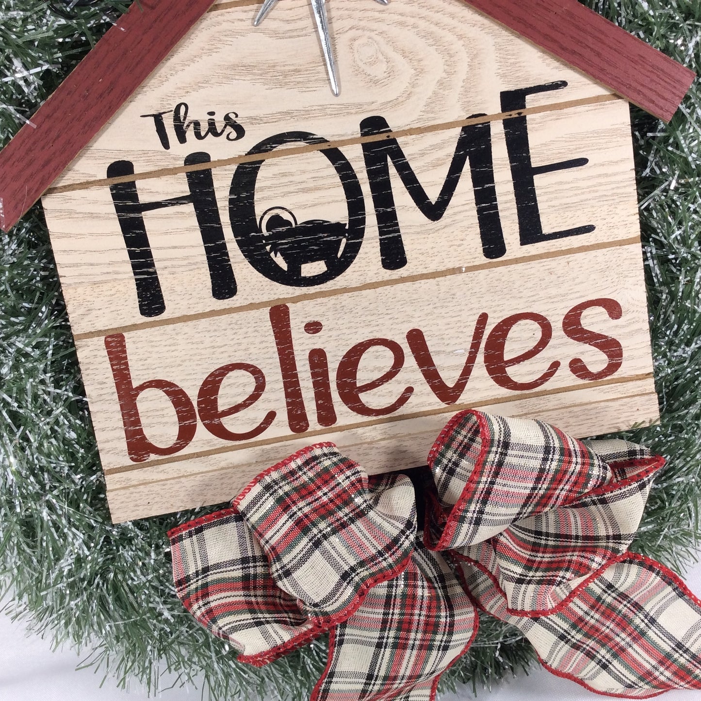 AGD Christmas Decor - Faux Pine This Home Believes Lighted Tinsel Wreath