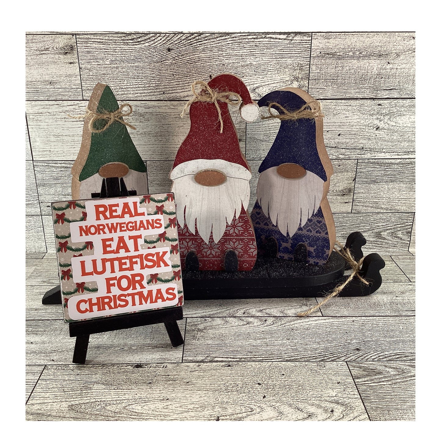 AGD Christmas Decor - Lutefisk Chunky Wood Gnome Sled Display 5pc