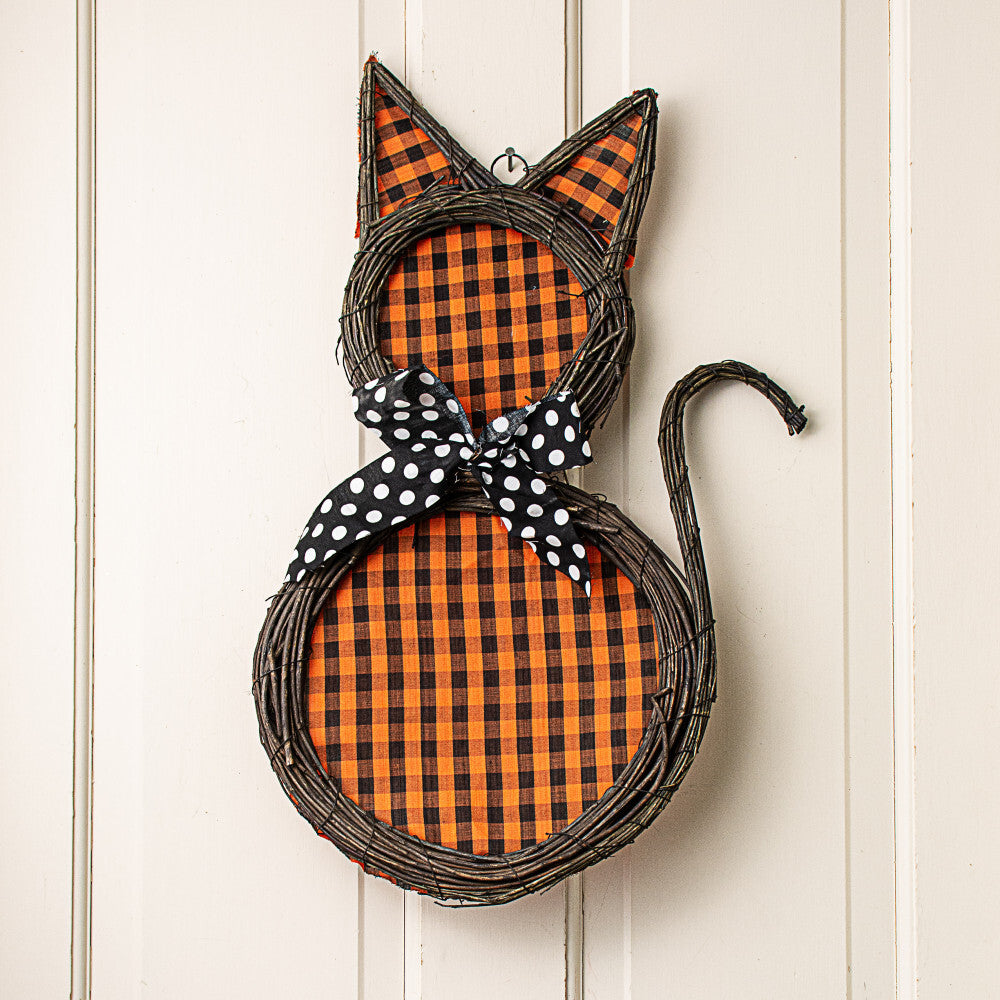 CO Halloween Decor - Fabric and Brown Grapevine Cat Door Wreath