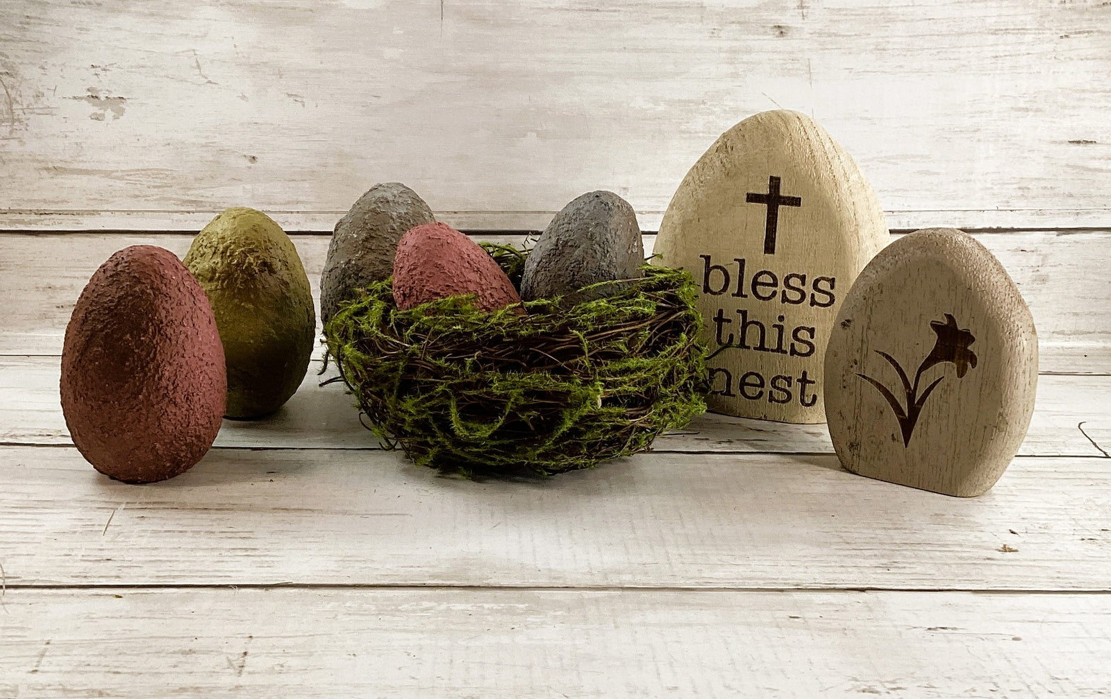 CWI Spring Decor - Bless This Mess Wood Eggs & Nest 8pc Set