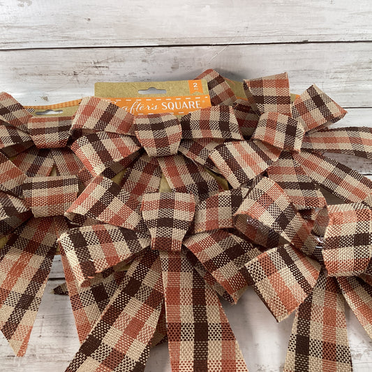 DT Fall Craft Supply - Small PVC Brown Tan Plaid Bows 8 bows